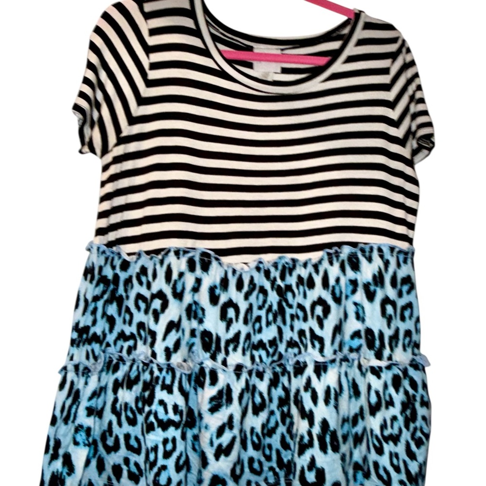 Sew In Love Black & White Striped Top with Blue Leopard Print blouse, size small